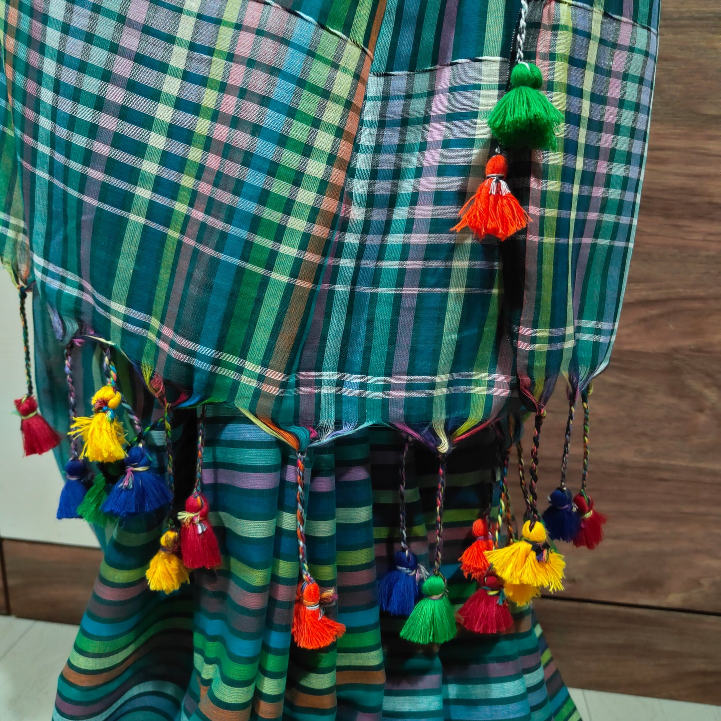 Greenish Multicoloured striped Mul Cotton handloom Saree