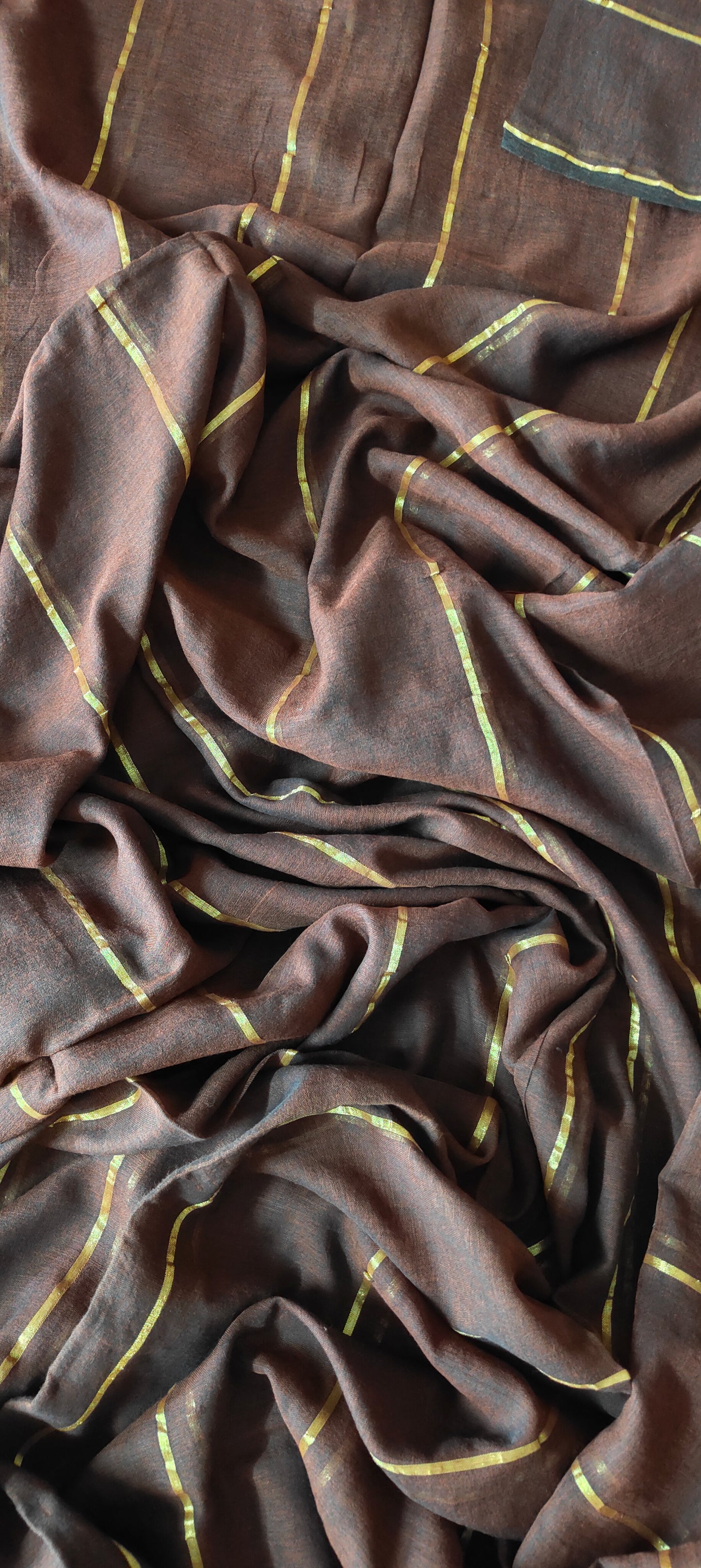Madirima – Dark Brown Mul Cotton Saree with Antique Zari Stripes