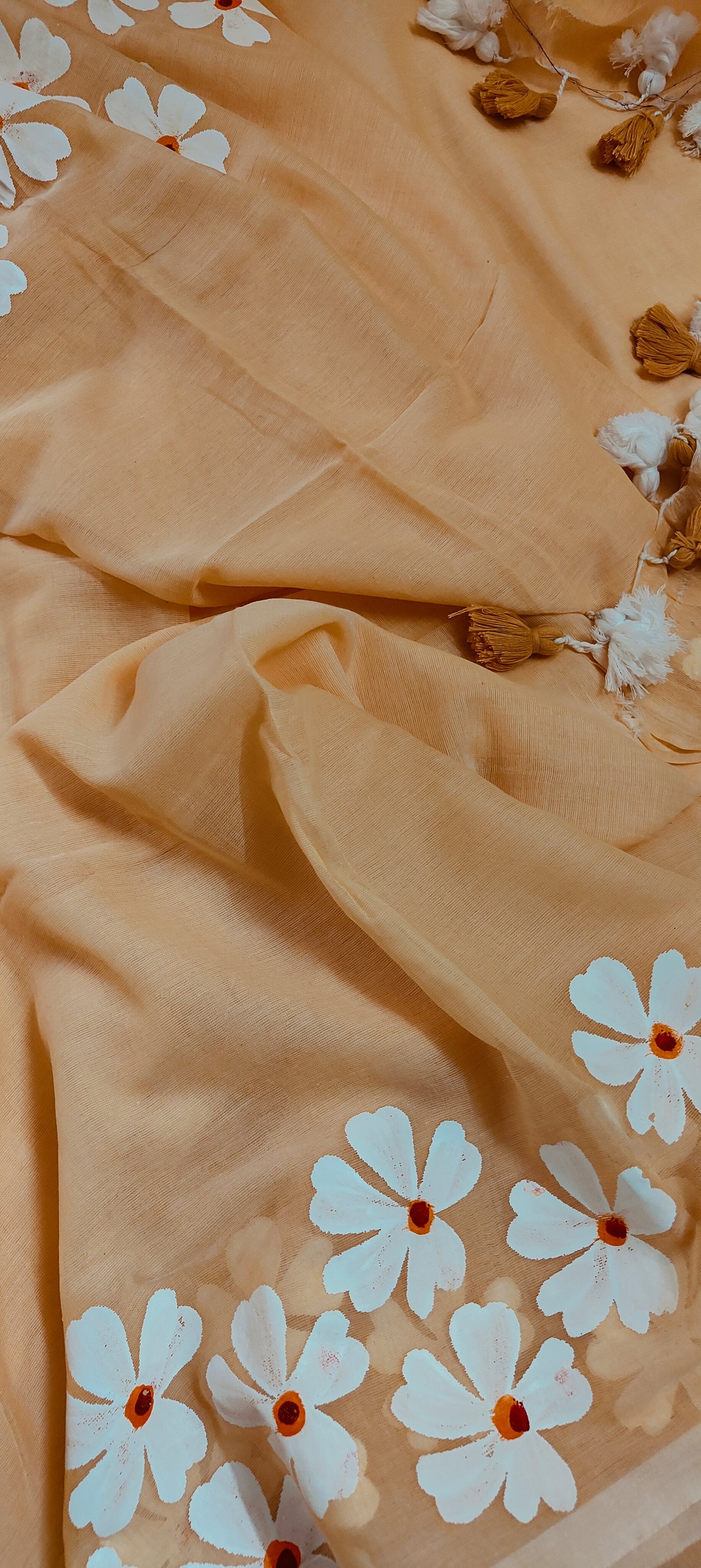 Chitrika – Coral Peach Hand Painted Mul Cotton Saree