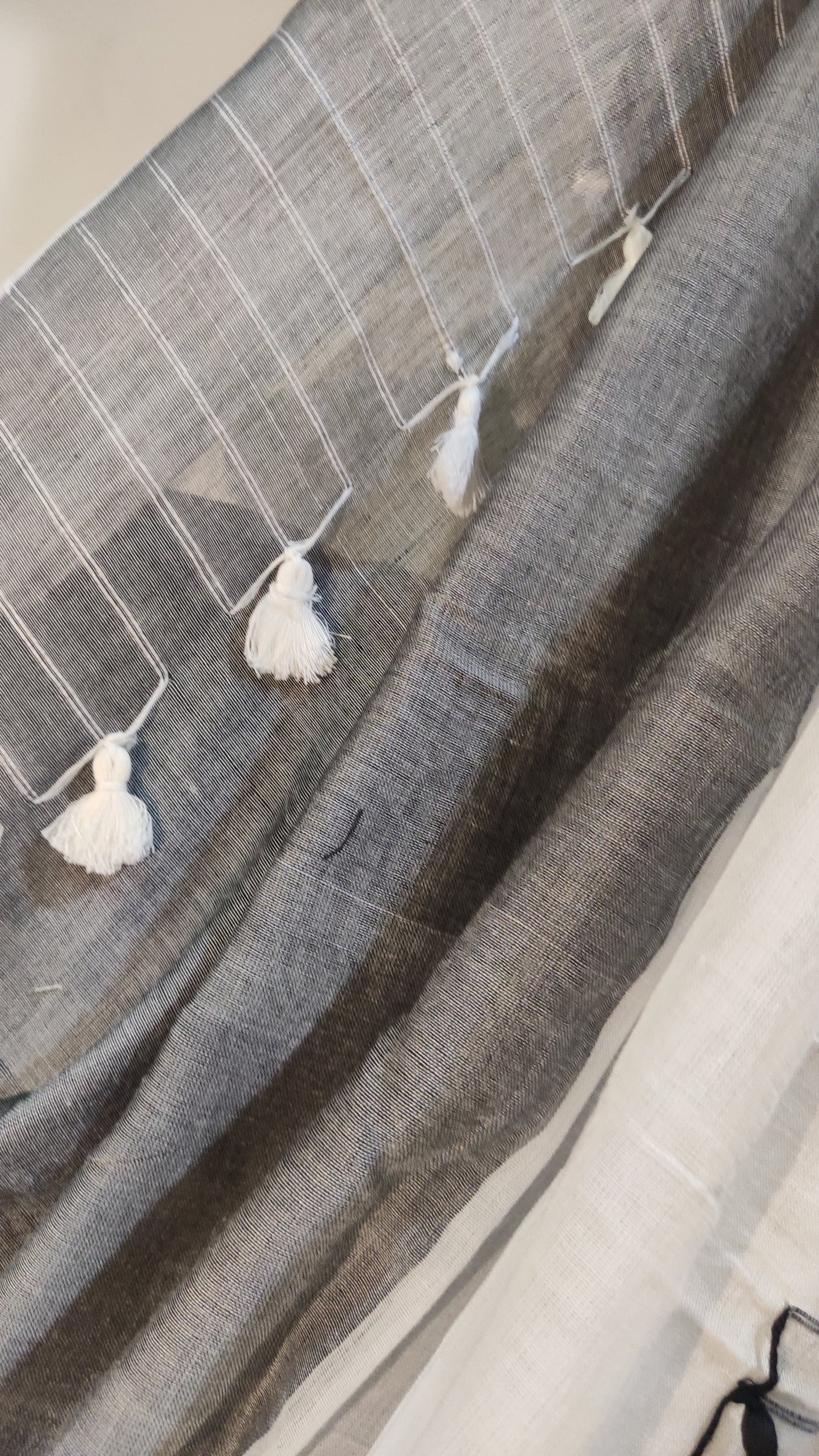 White-Black Combo Khadi Handloom Self Threaded Pompom Saree