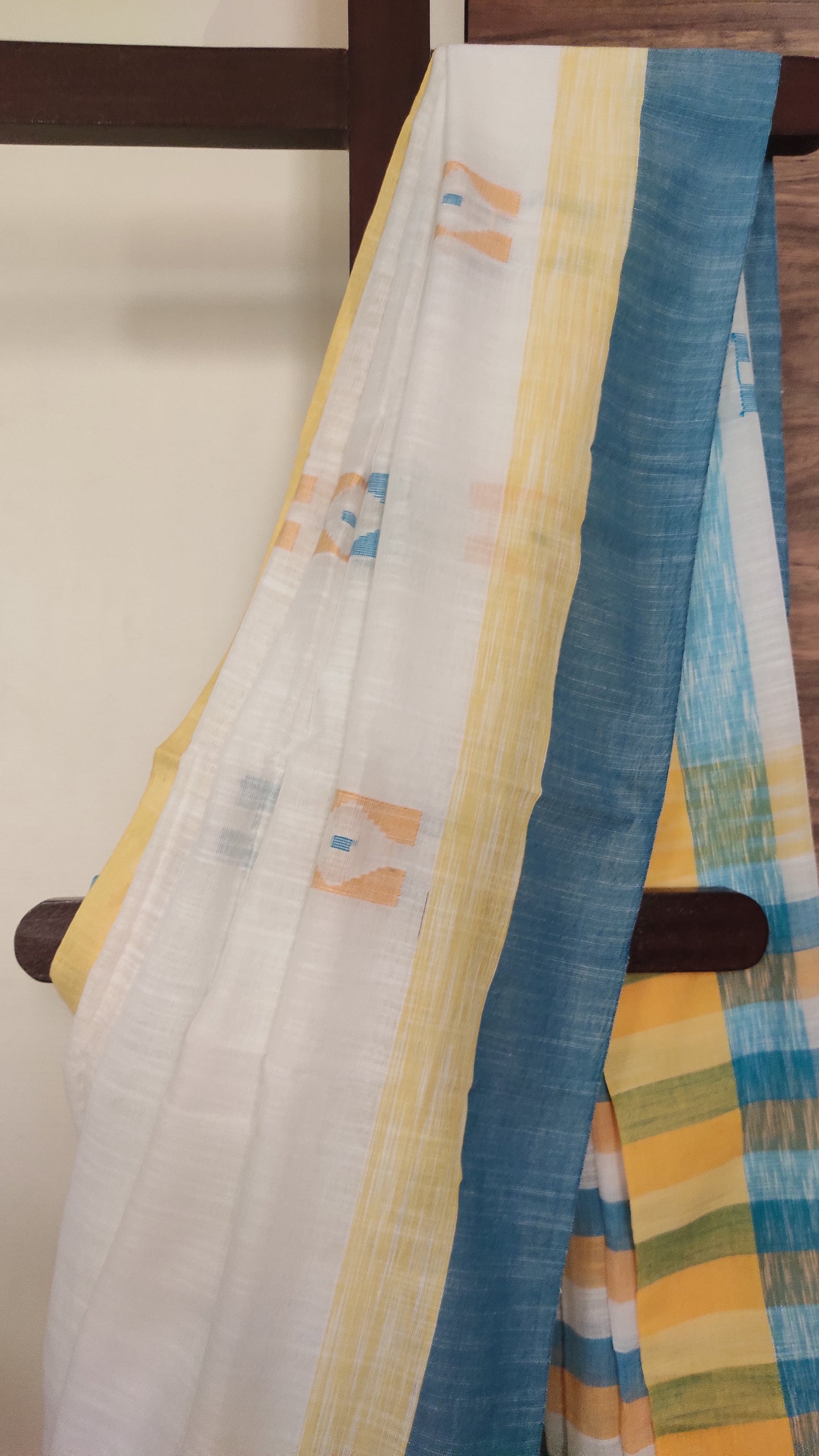 Threaded box motif done White Khadi Cotton handloom Saree