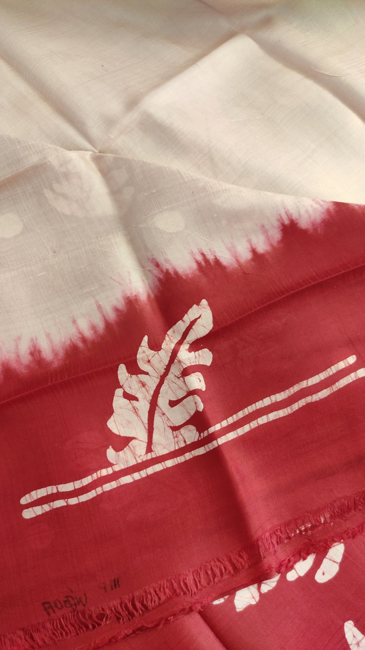 Off White - Red Hand batik Pure Silk Saree
