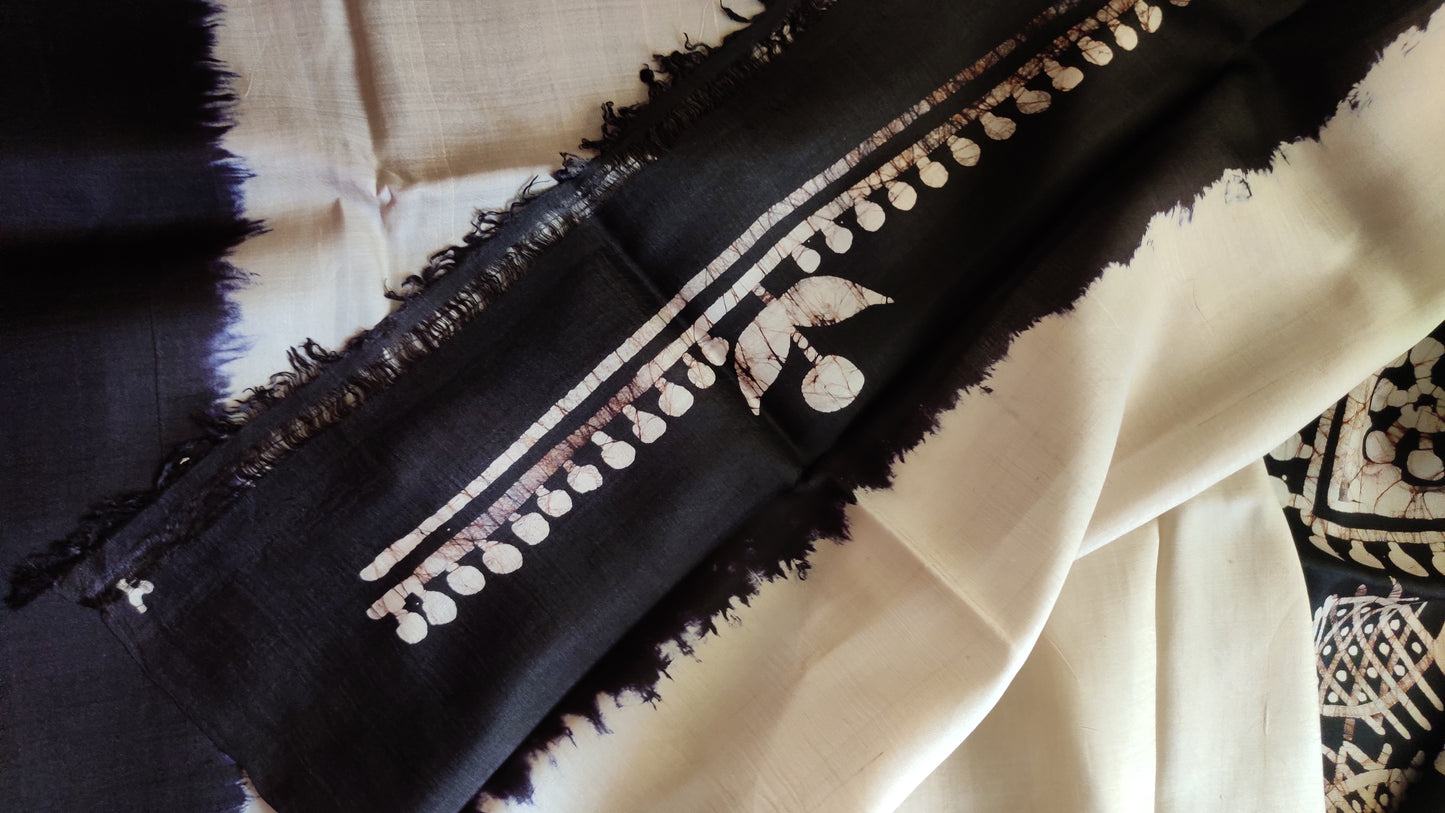 Off White - Black hand Batik Pure Silk Saree having fish design