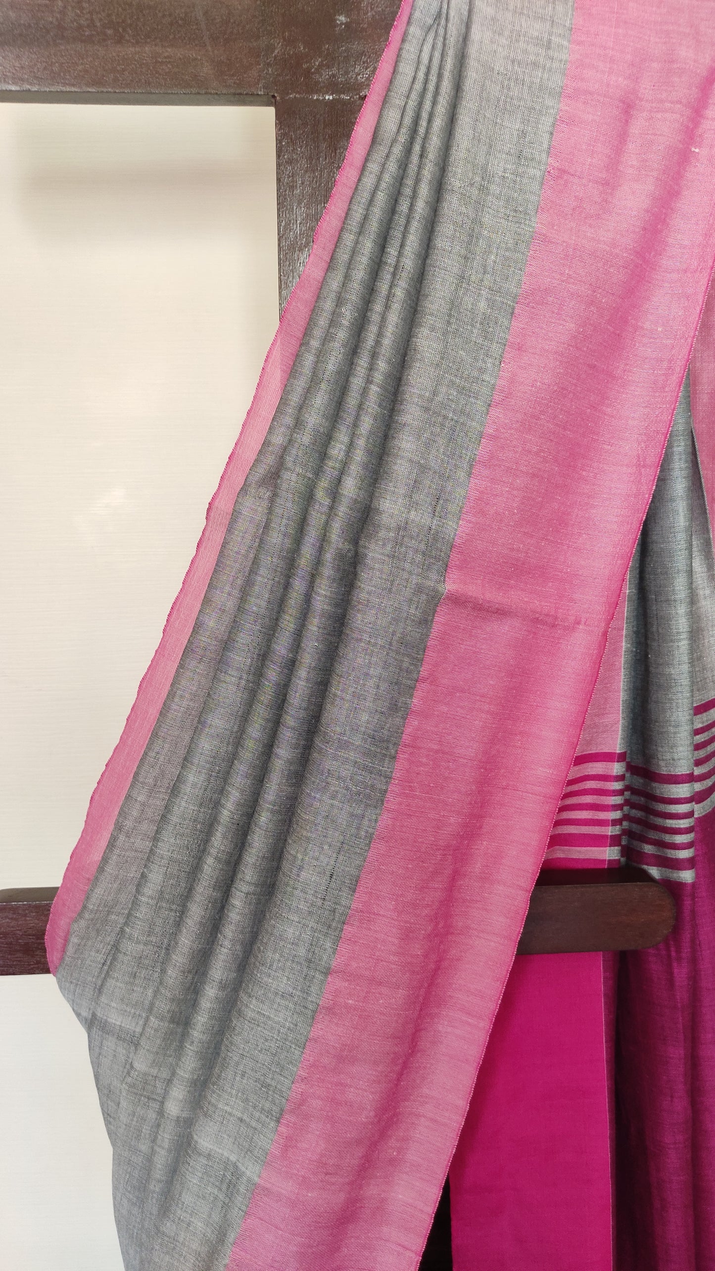 Steel Grey Plain Body Contrast Pink border Soft Handloom Saree