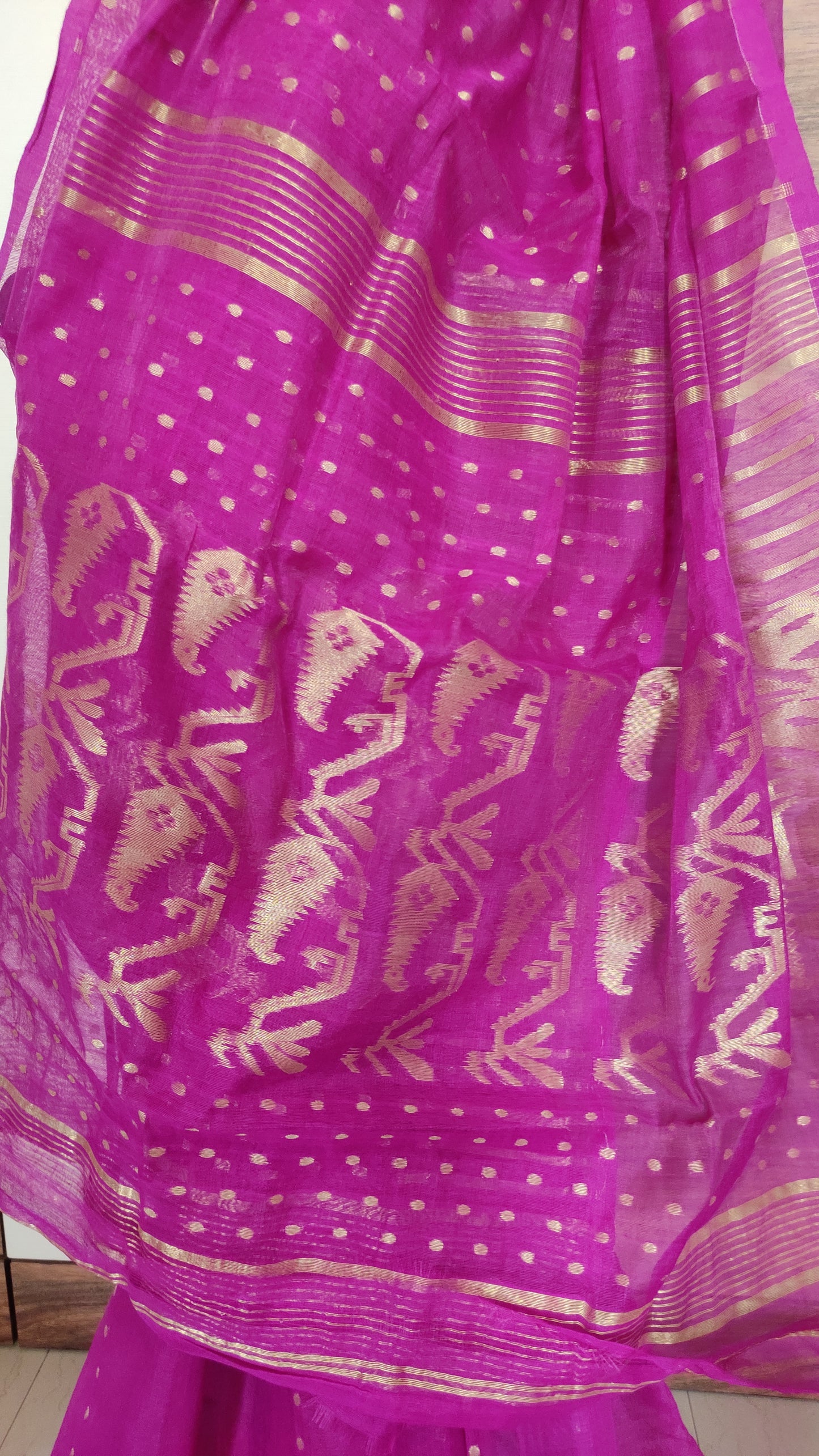 Jamdani Inspired Magenta Silk Cotton Zari Worked Saree