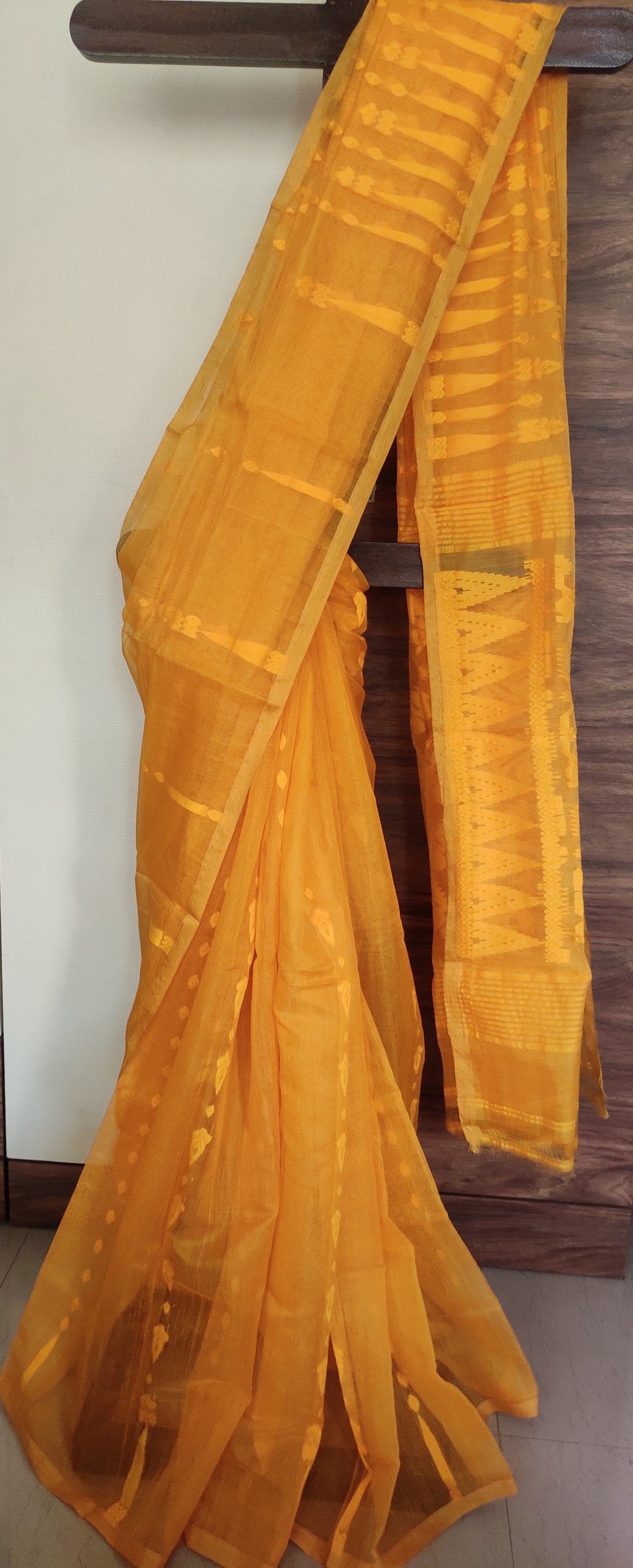 Mustard Yellow Silk Cotton Threaded motif done Jamdani Inspired Saree