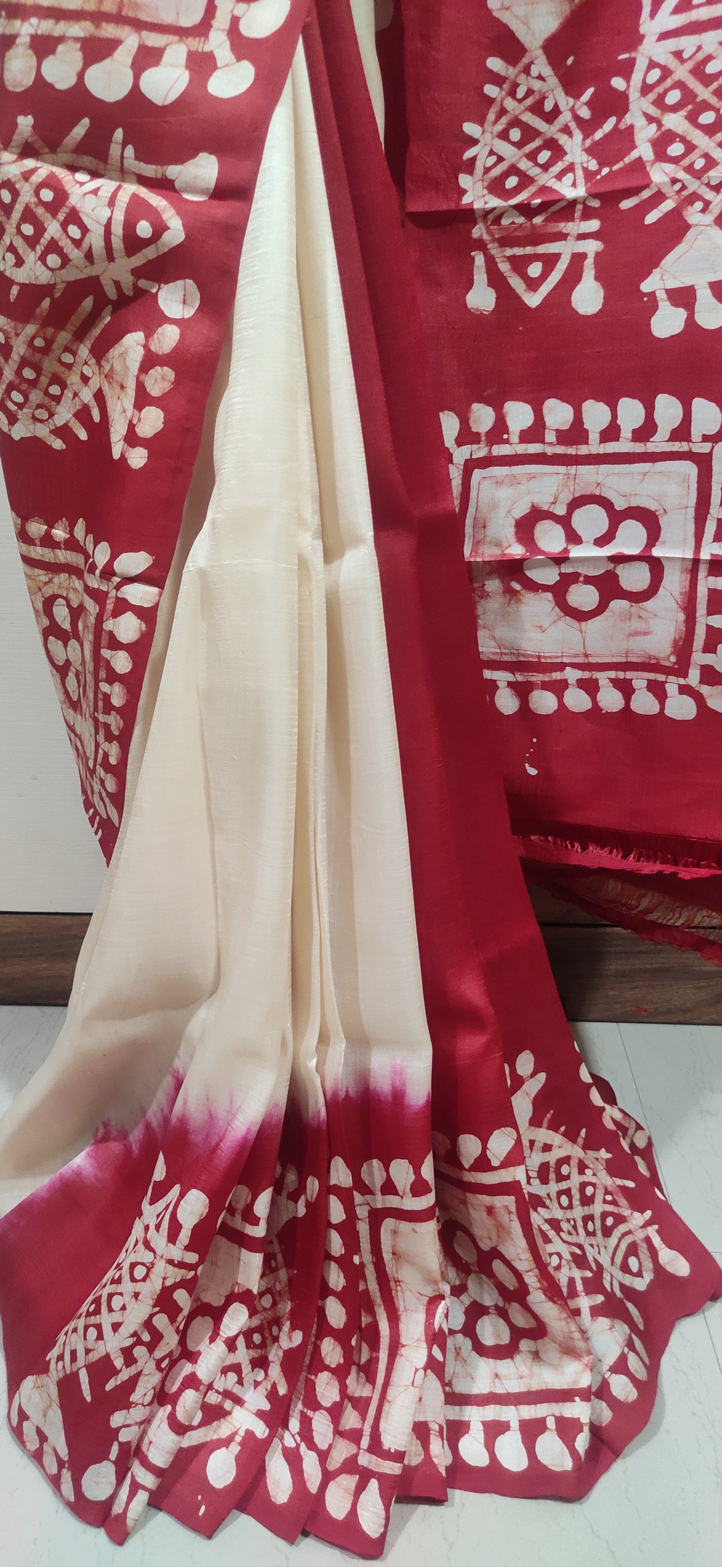 Off White - Red border Hand Batik Pure Silk Saree