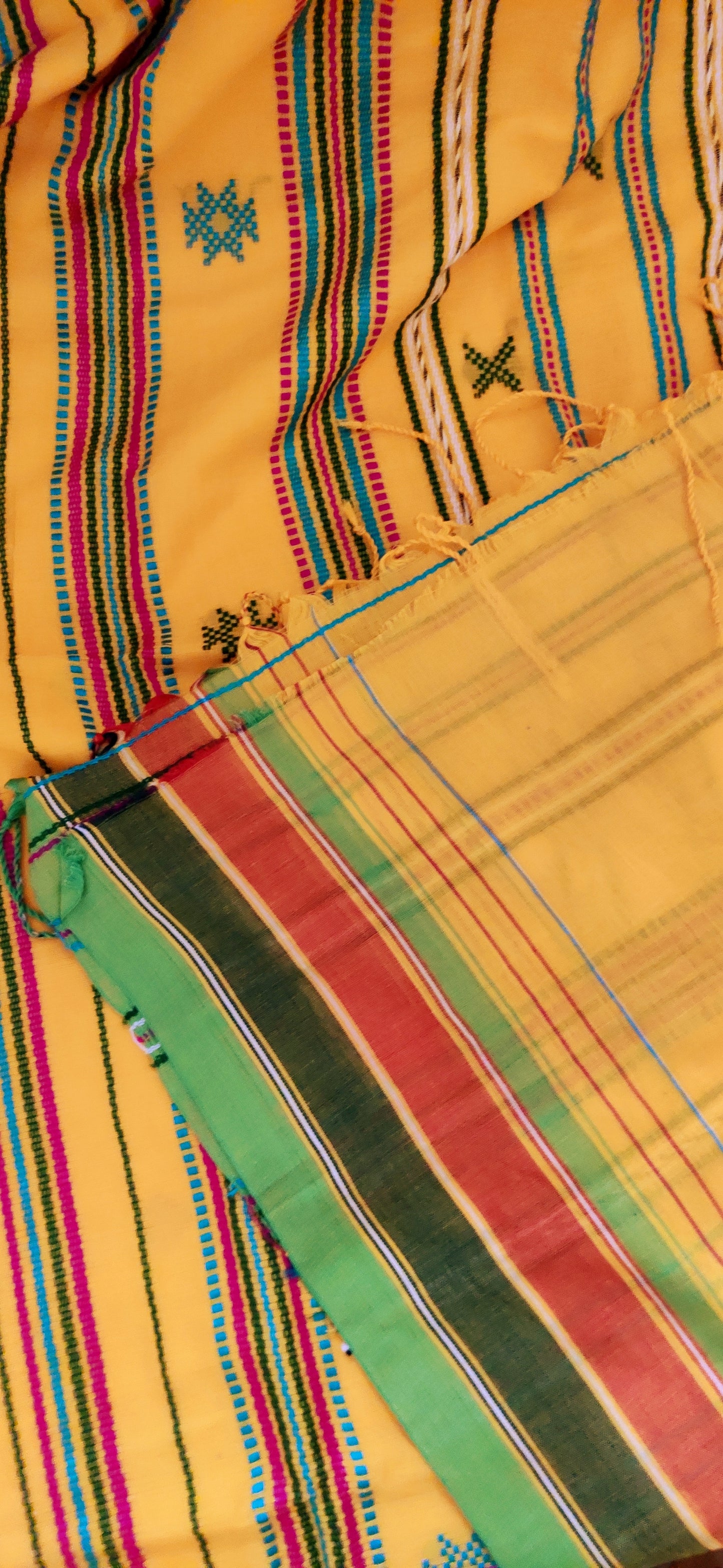 Yellow Cotton Threaded bhujuri style Jamdani work done Saree