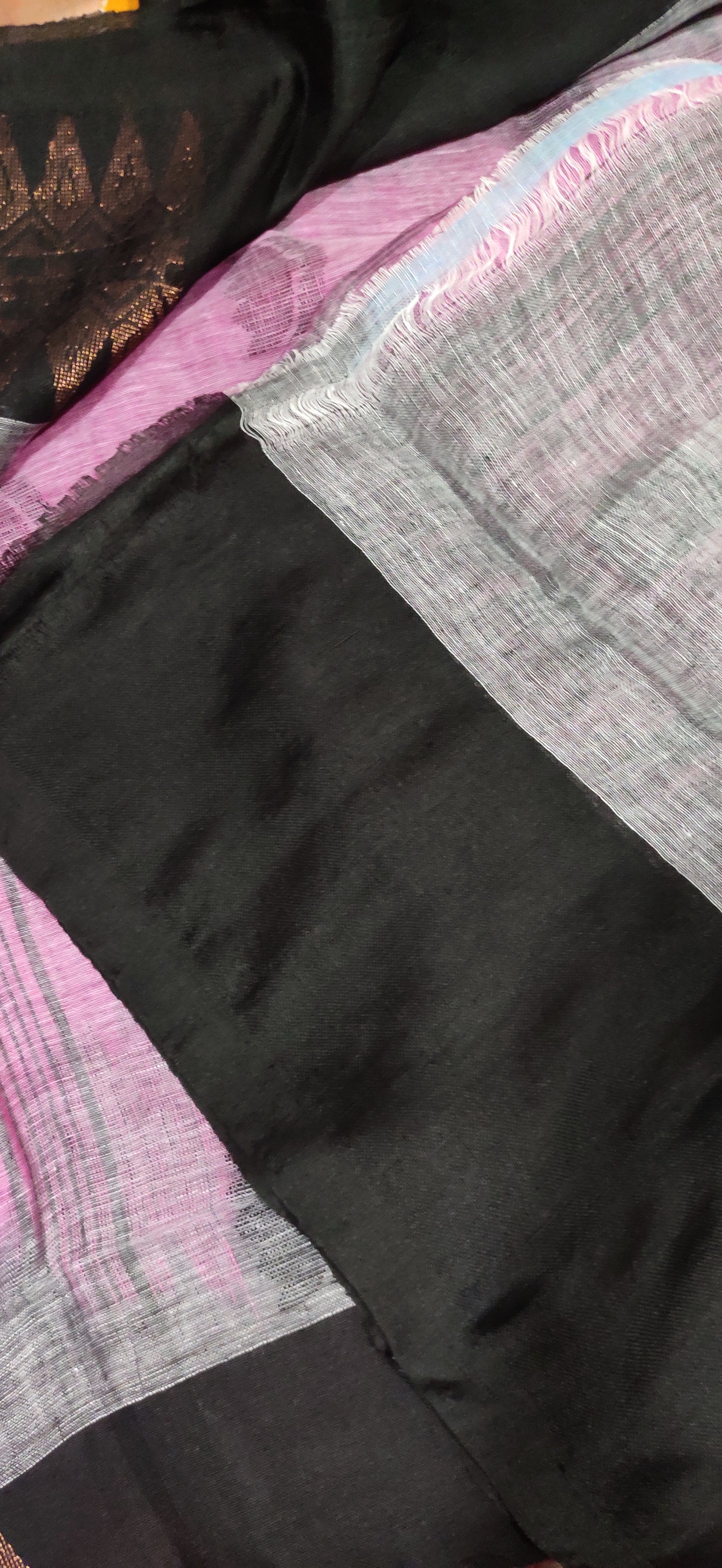 Pink Linen Ikkat blended zari worked black border done Saree