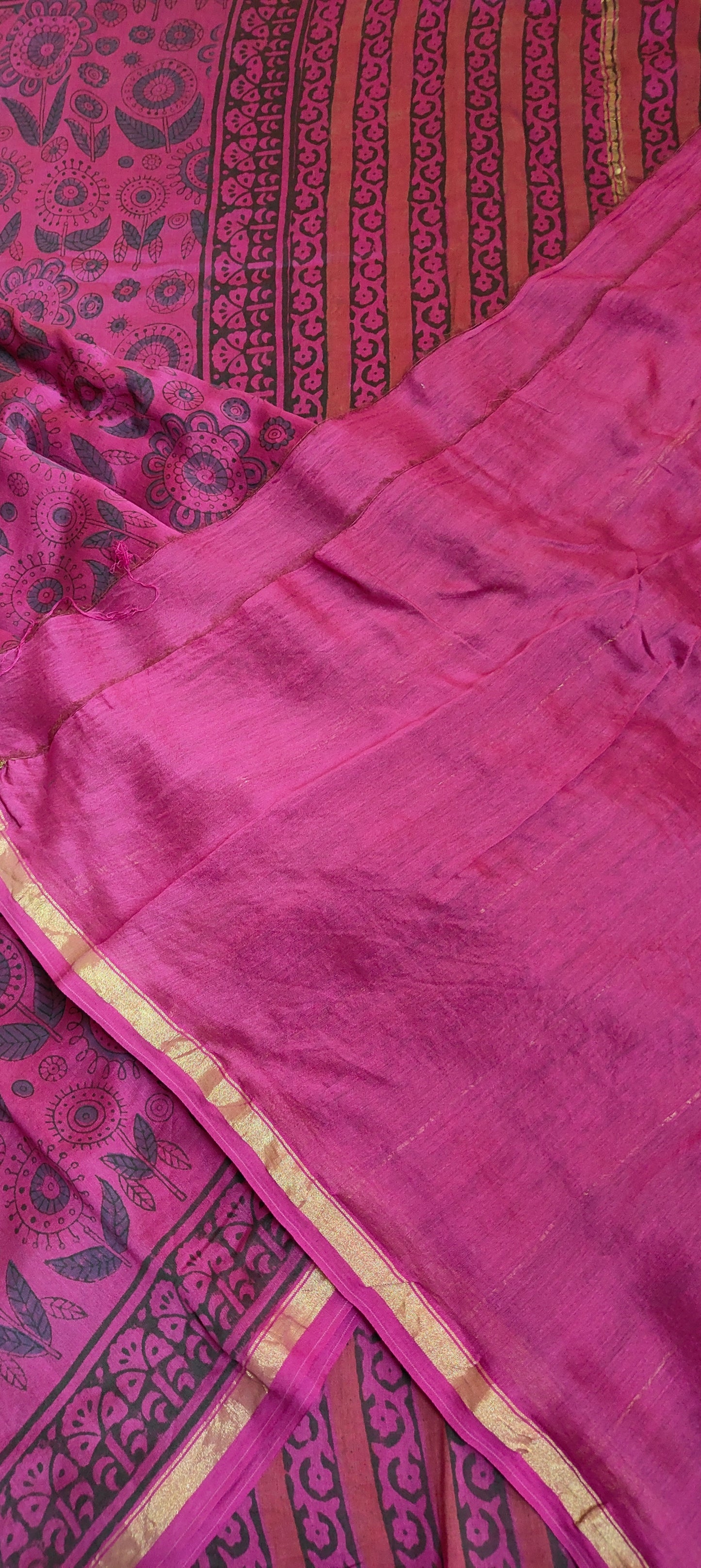 Rani Pink Chanderi Silk Cotton Hand Block Printed Saree
