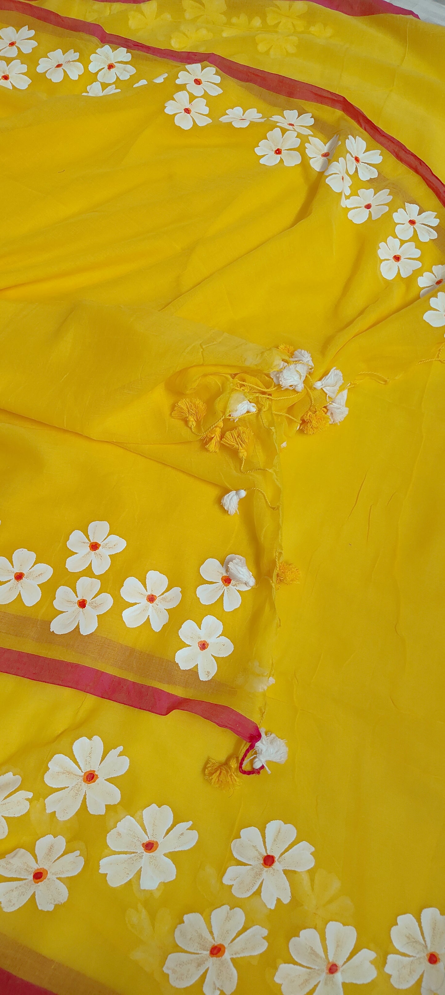 Chitrika – Sunshine Yellow Hand Painted Mul Cotton Saree
