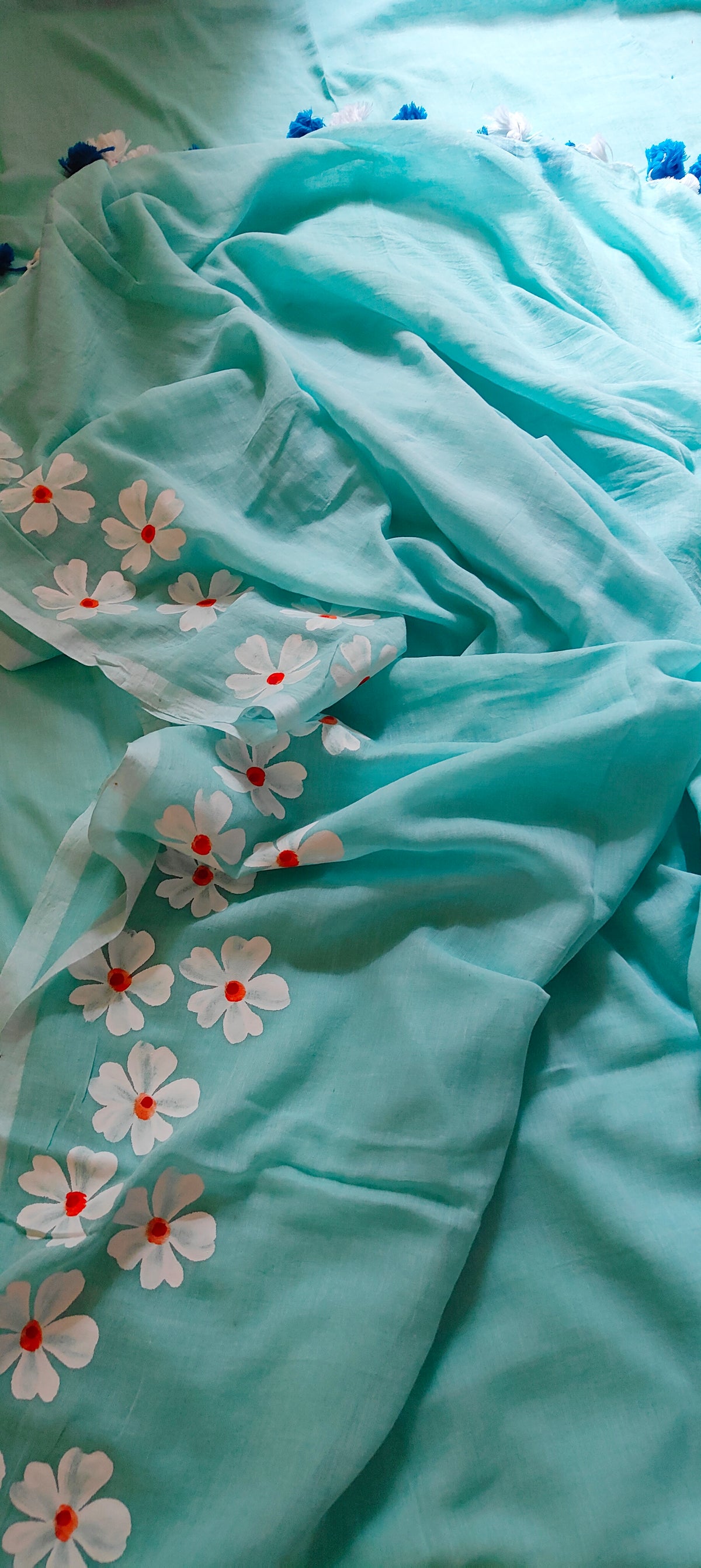 Chitrika – Sea Green Hand Painted Mul Cotton Saree