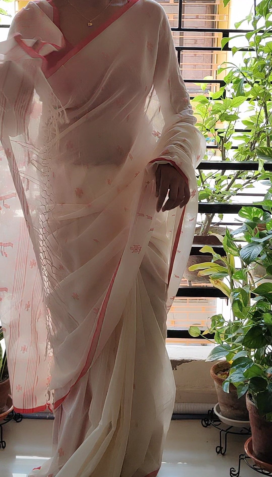 White Handspun Pure Cotton jamdani with red selvedge border Saree