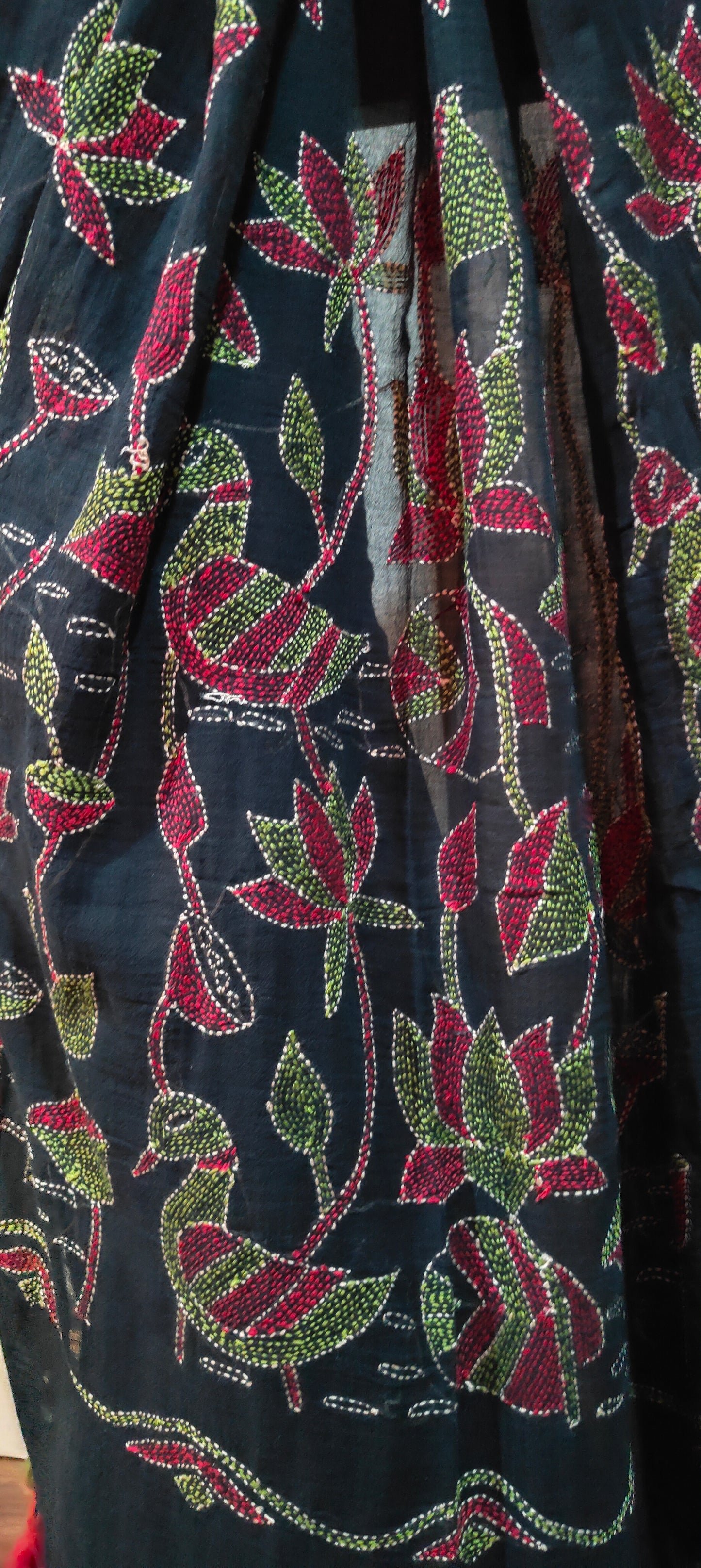 Handmade Kantha Stitch Done Black Mul Cotton Saree