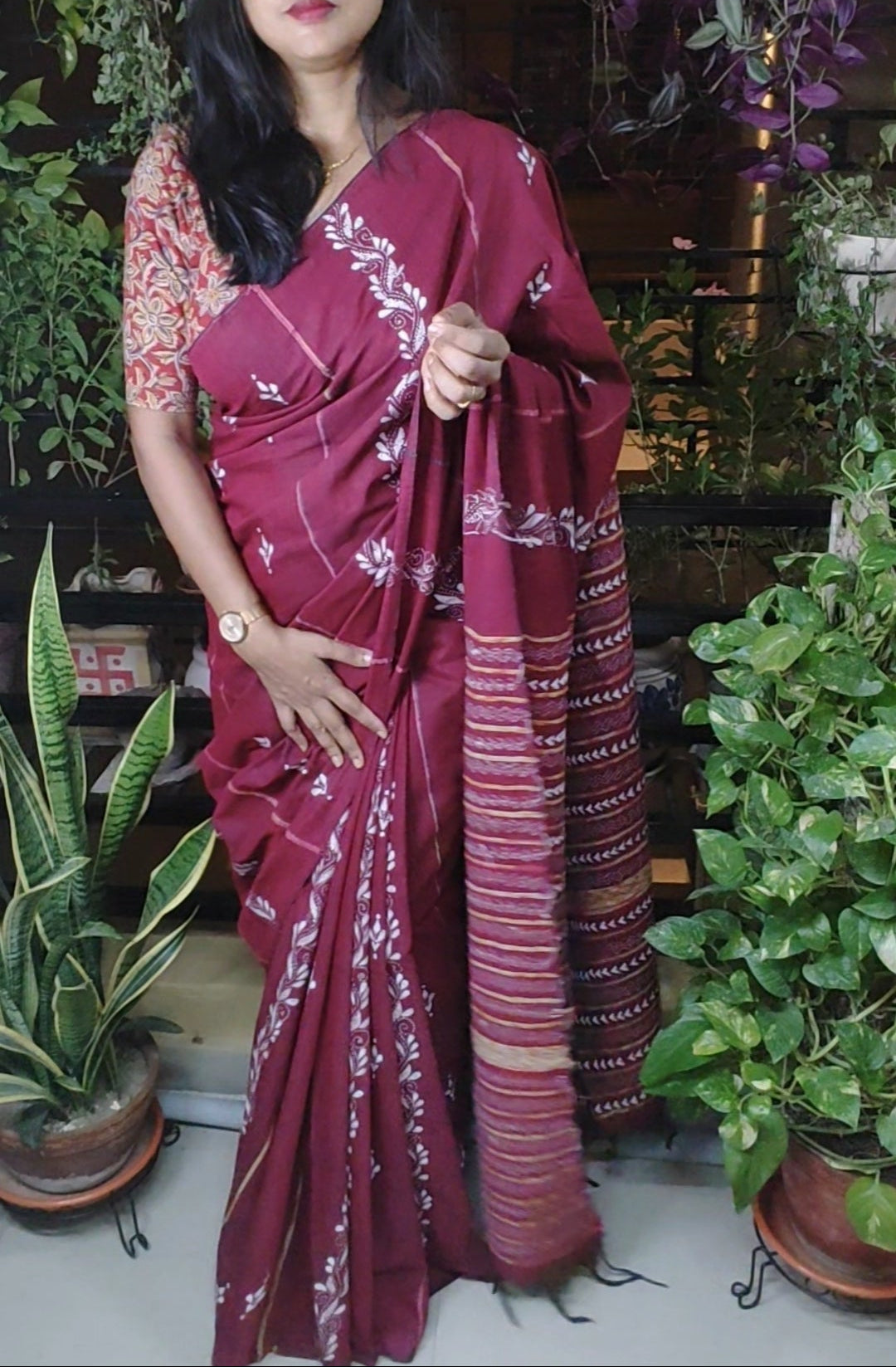 Handmade Kantha Stitch Done Maroon Khesh Cotton Saree