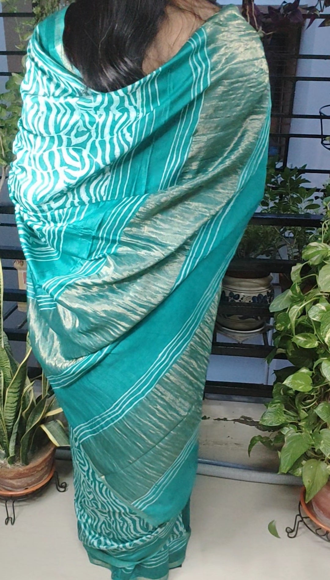 Age-old Vanaspati hand block printed Rama Green Maheshwari Silk Saree