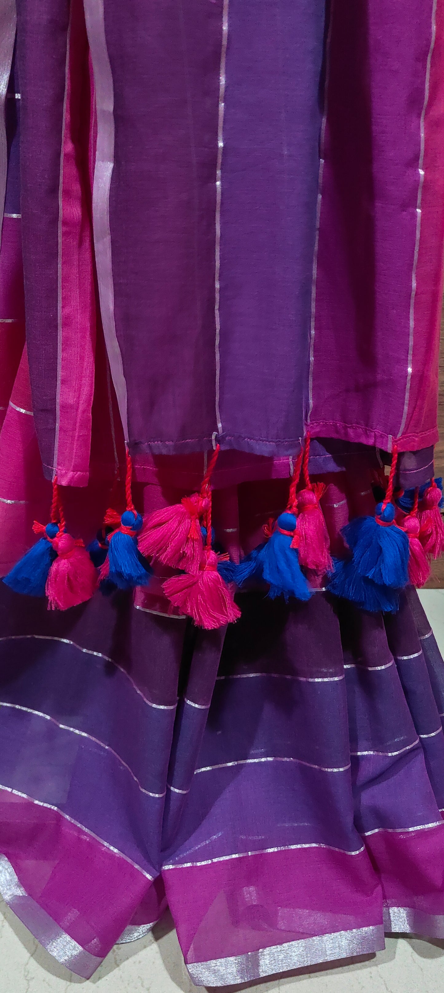 Pink based Multicolored Mul Cotton Silver zari stripped Handloom Saree