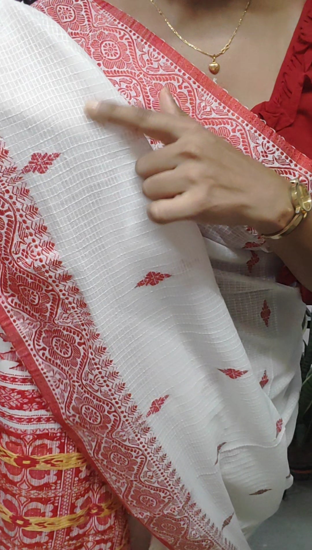 Mercerised Cotton Soft White Red Jamdani Style Handloom Saree
