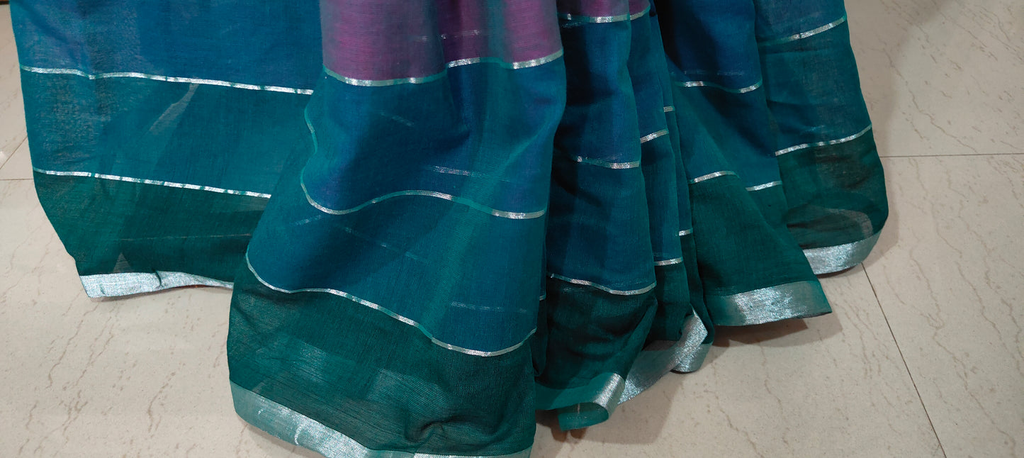 Green based Multi Colored Mul Cotton Silver zari stripped Handloom Saree