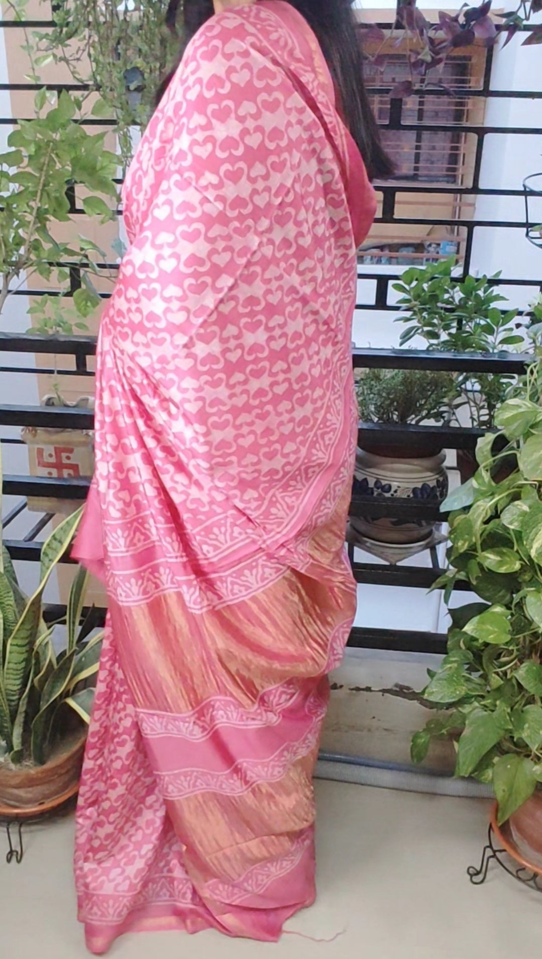Age-old Vanaspati hand block printed Pink Maheshwari Silk Saree