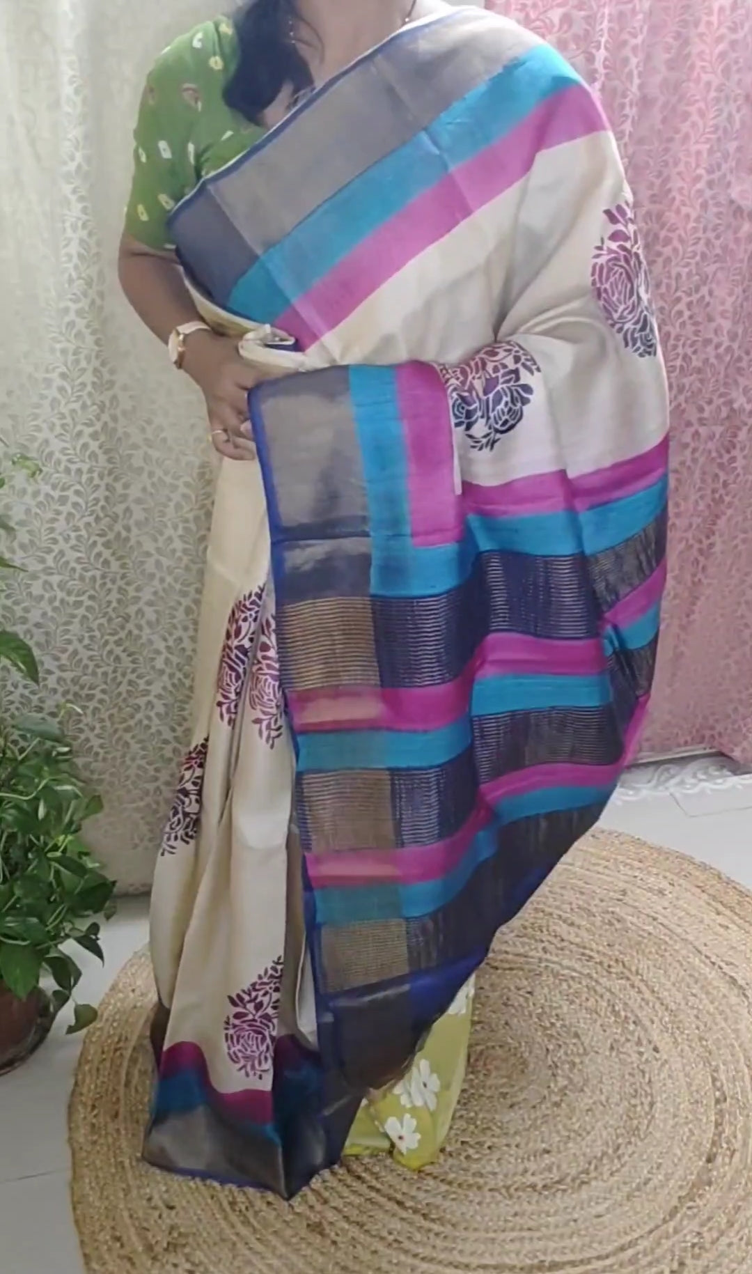 Hand Block Printed Off-white Rich Tussar Silk Asmani Border saree
