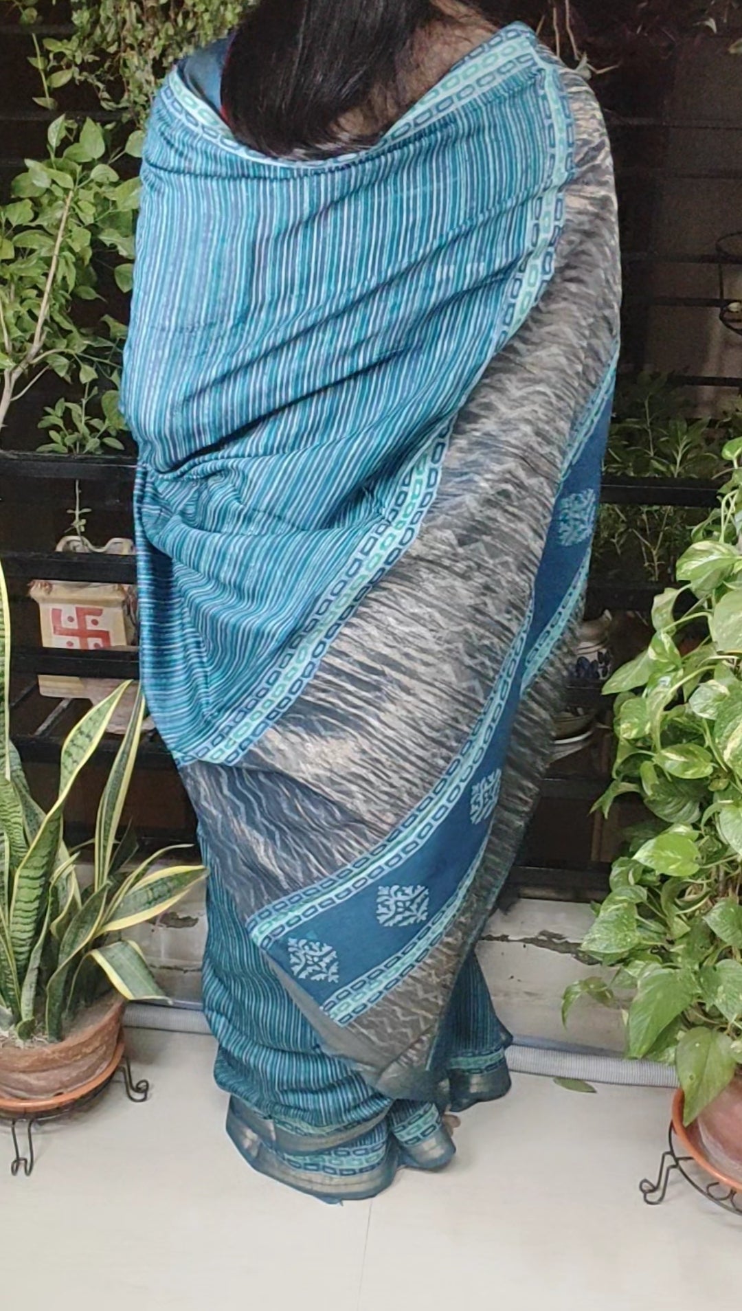 Age-old Vanaspati hand block printed Shaded Green Maheshwari Silk Saree