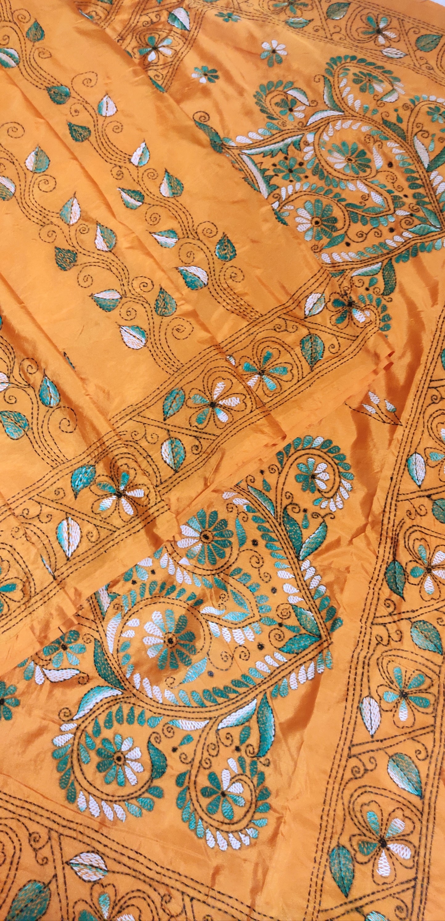 Hand made Kantha Stitch & Herringbone Stitch Done Golden Ari Silk Saree