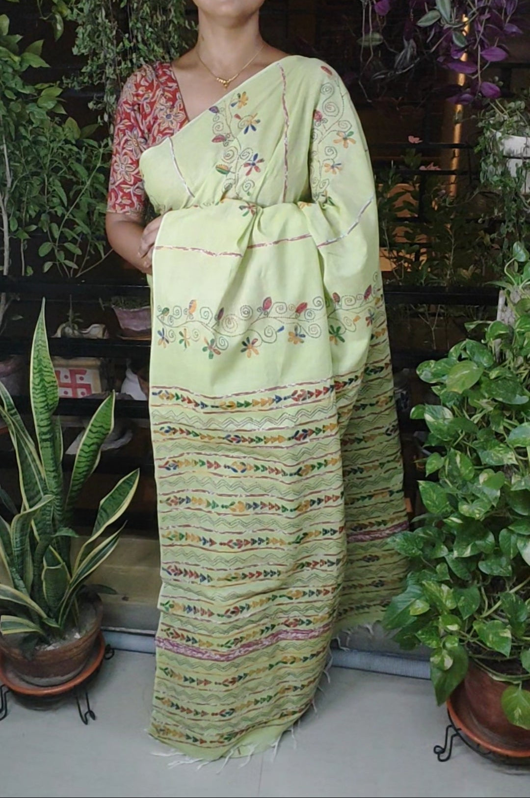 Exclusive Kantha Stitch Done Pista Green Khesh Cotton Saree