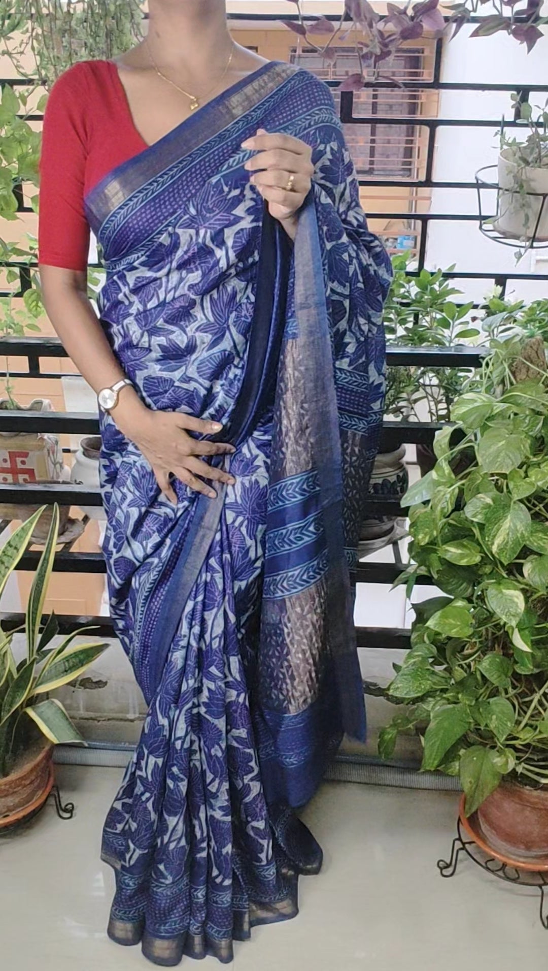 Age-old Vanaspati hand block printed Blue Maheshwari Silk Saree