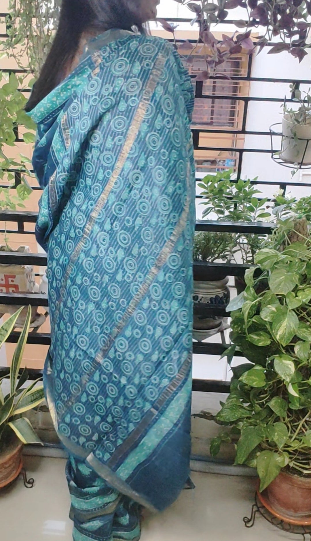 Age-old Vanaspati hand block printed Green Maheshwari Silk Saree
