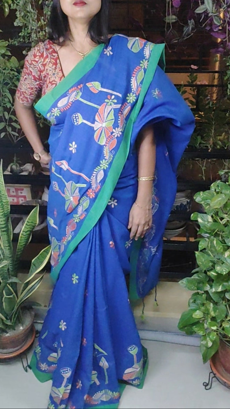 Exclusive Kantha Stitch Done Navy Blue Khadi Cotton Saree