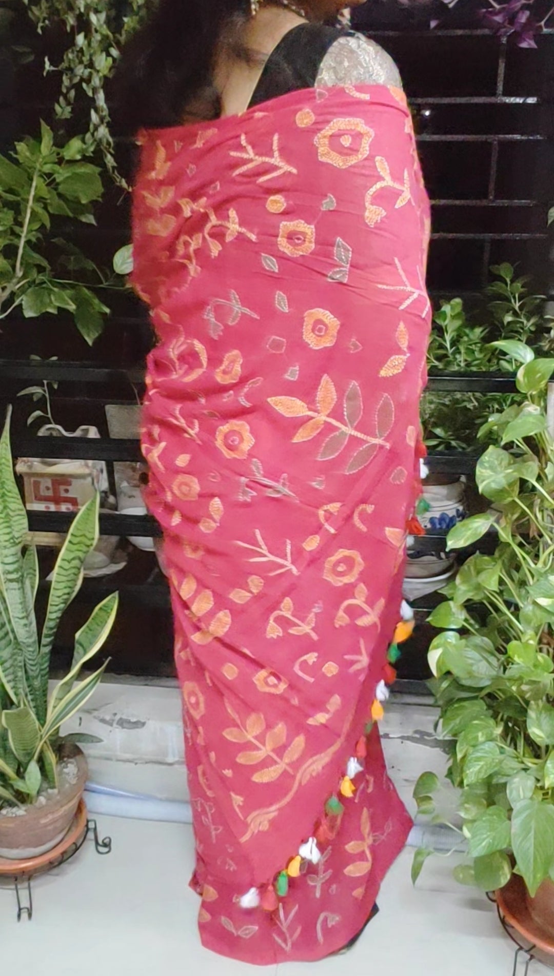 All Over Body Handmade Kantha Stitch Done Red Mul Cotton Saree