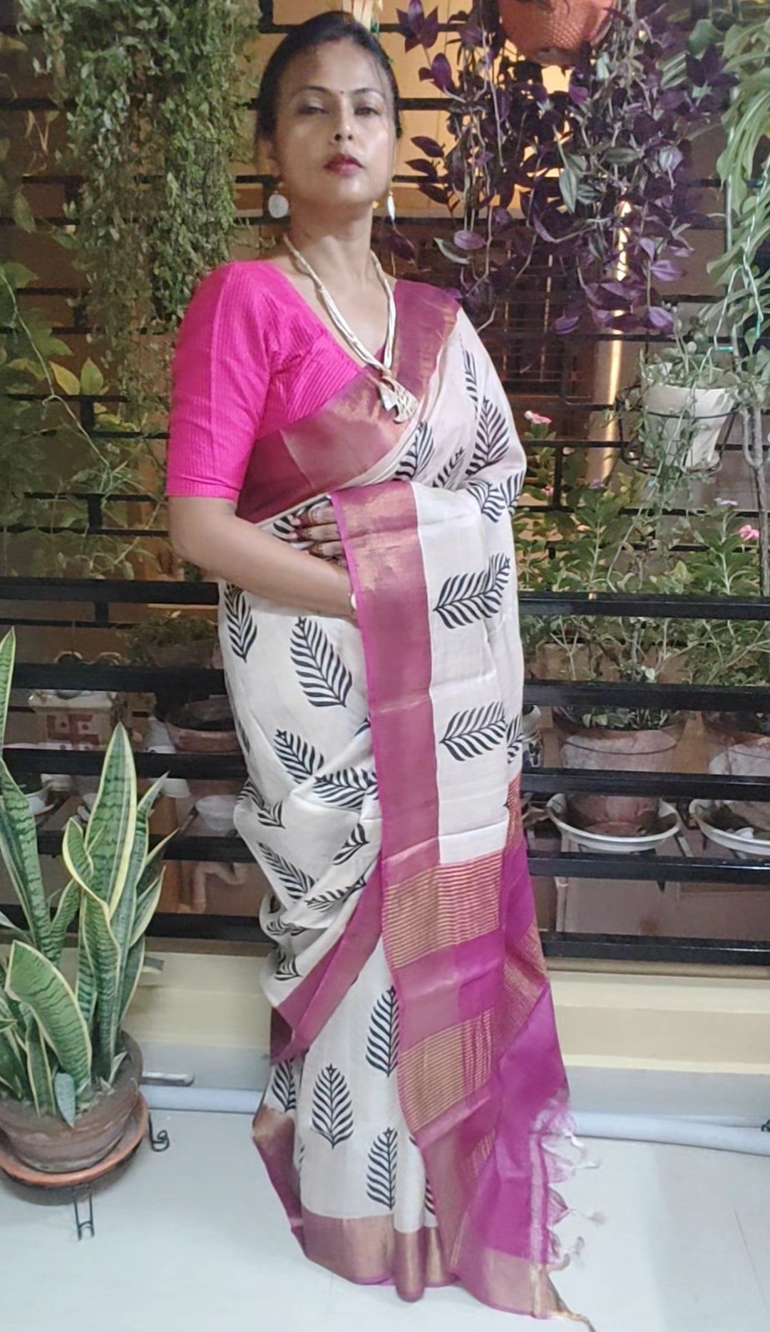 Hand Block Printed Off-white Rich Tussar Silk saree