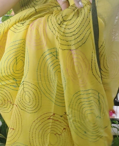 Handmade Kantha Stitch Done Yellow Mulmul Cotton Saree