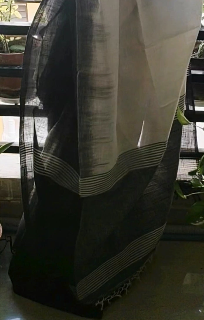 White Linen Cotton Ikkat blended plain black border Saree