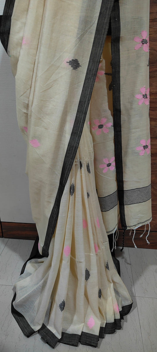 Off-white & black handspun Pure Muslin Cotton handloom Jamdani