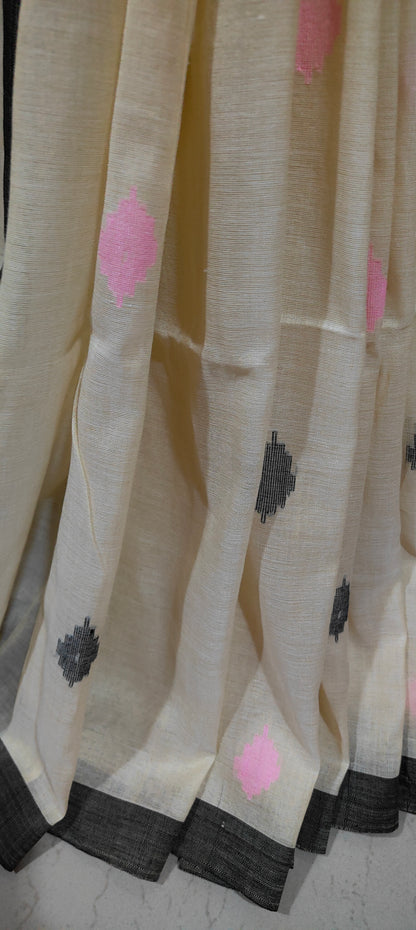 Off-white & black handspun Pure Muslin Cotton handloom Jamdani