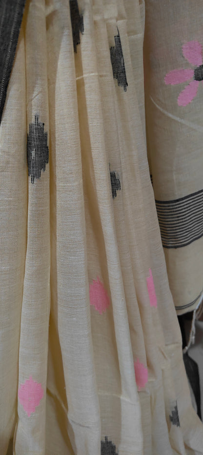 Off-white & black handspun Pure Muslin Cotton handloom Jamdani