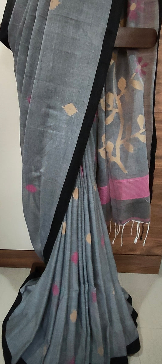 Gray & black handspun Pure Muslin Cotton handloom Jamdani