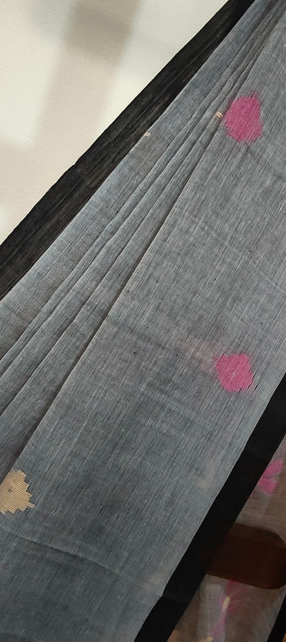 Gray & black handspun Pure Muslin Cotton handloom Jamdani