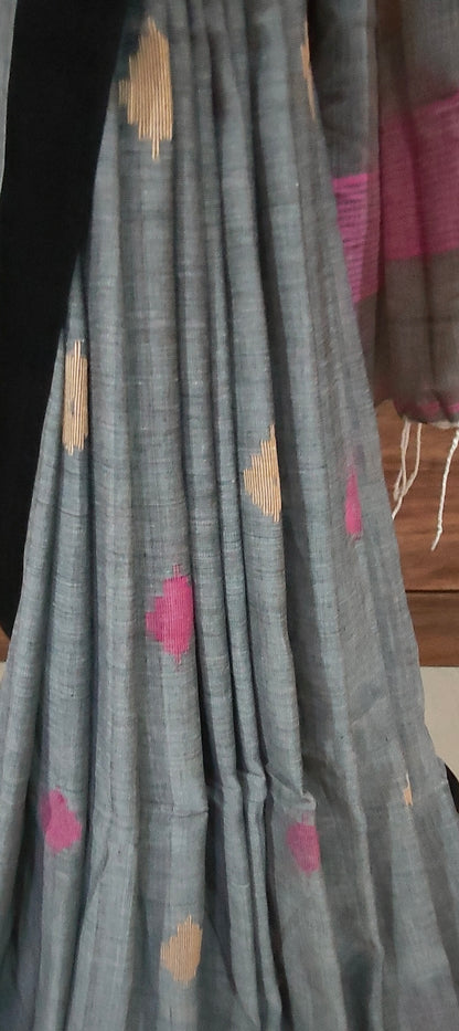 Gray & black handspun Pure Muslin Cotton handloom Jamdani