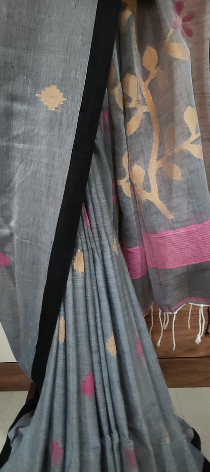 Gray & black handspun Pure Muslin Cotton handloom Jamdani