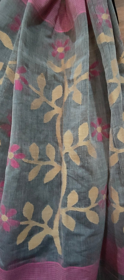 Gray & black handspun Pure Muslin Cotton handloom Jamdani