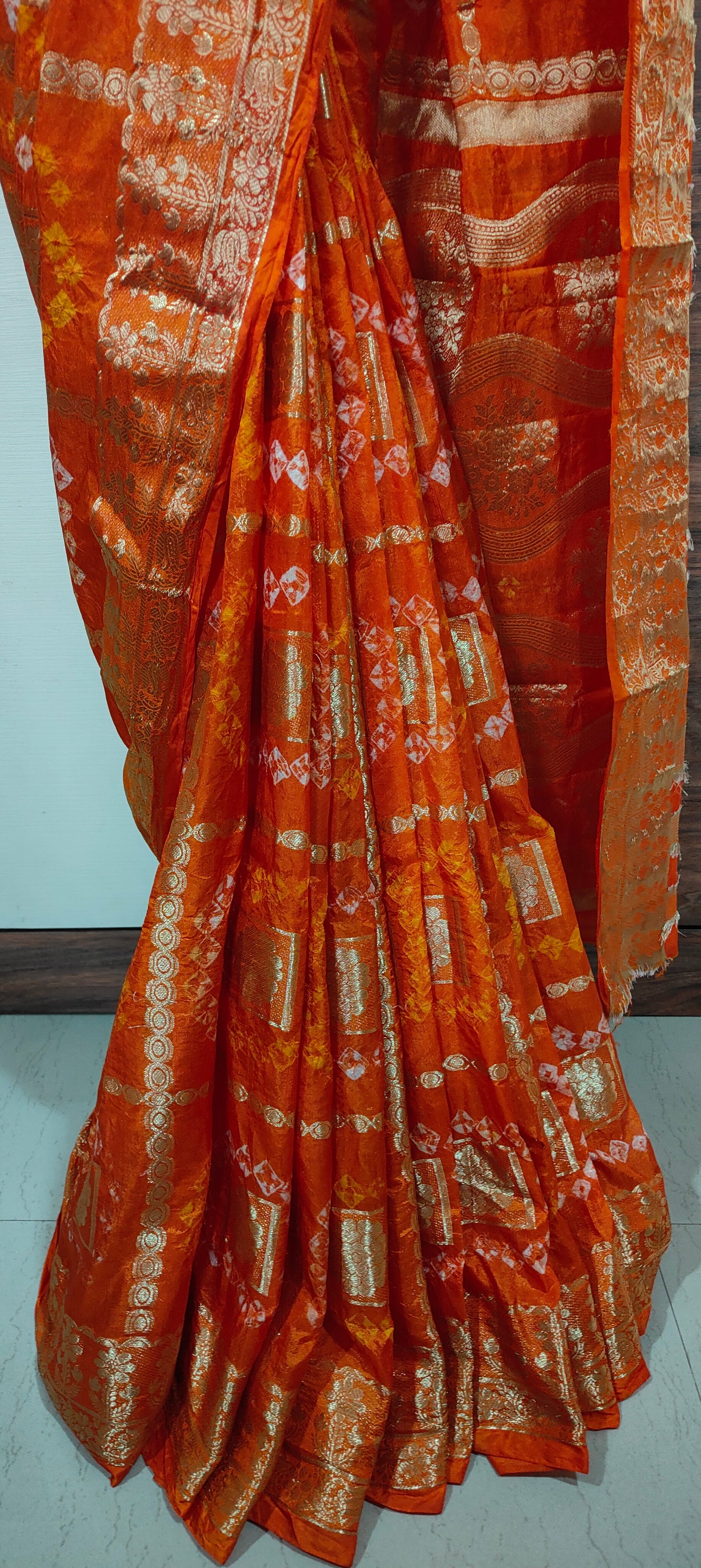 Handmade Gatt Chola Bandhani Banarasi Saree - Orange