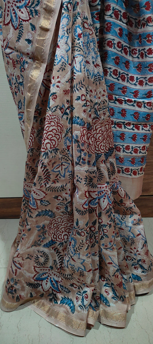 Pinkish Beige Shaded Chanderi Silk Cotton Hand Block Printed  Saree