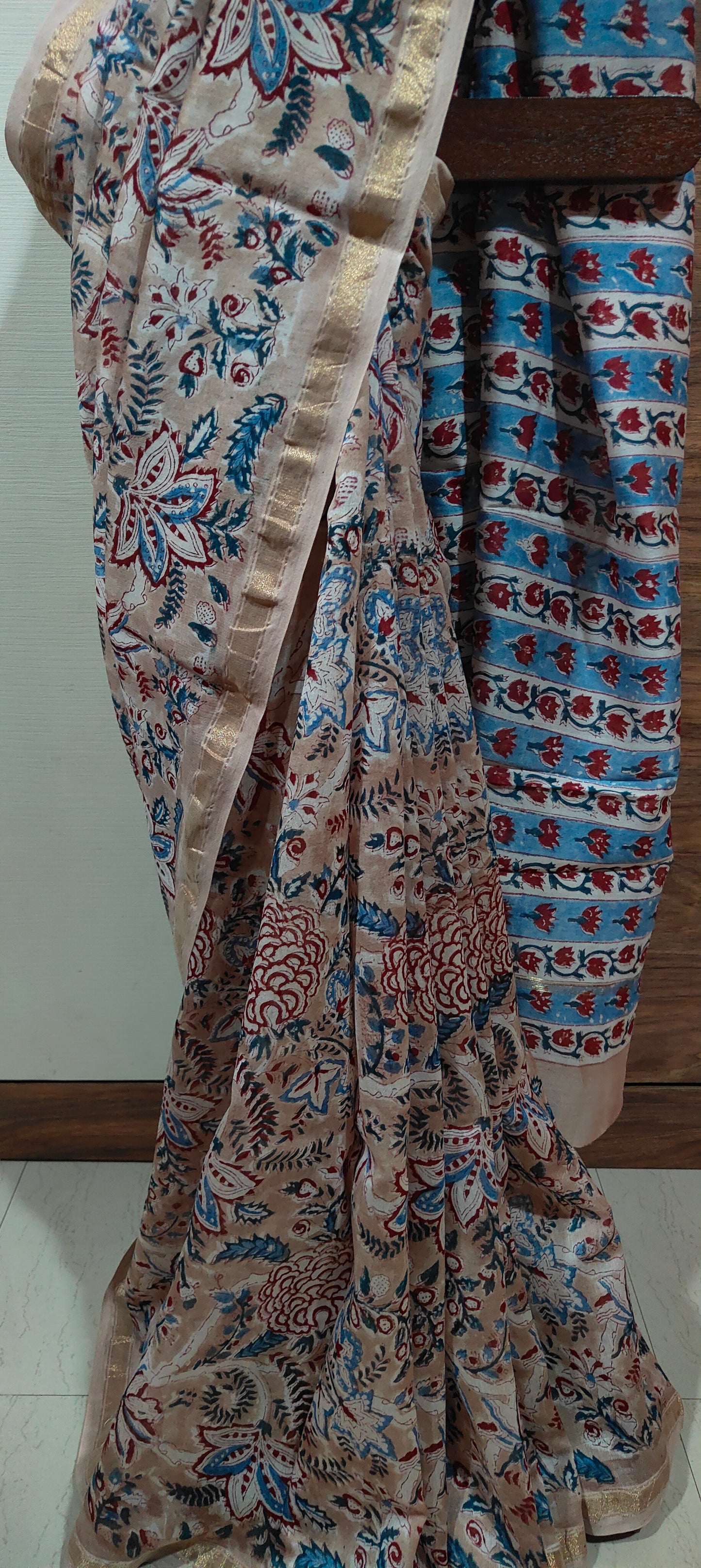 Pinkish Beige Shaded Chanderi Silk Cotton Hand Block Printed  Saree