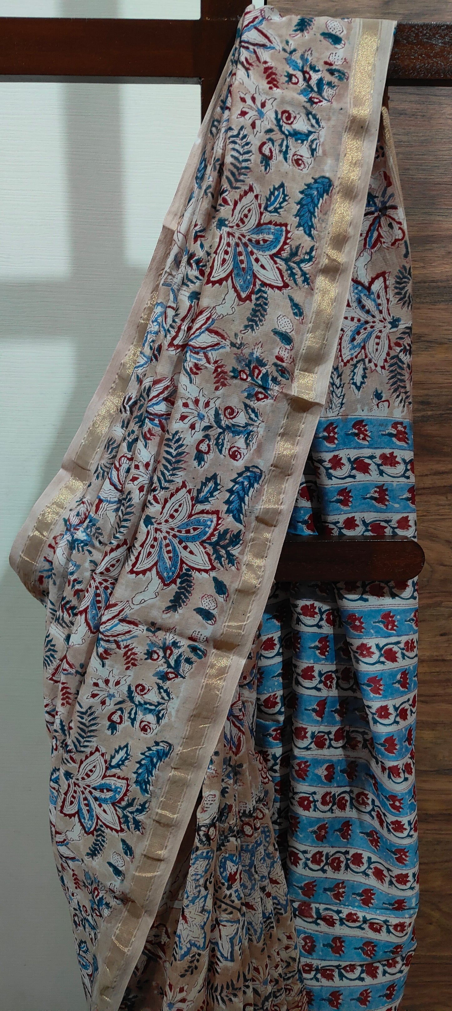 Pinkish Beige Shaded Chanderi Silk Cotton Hand Block Printed  Saree