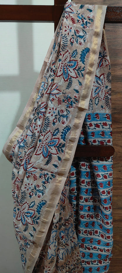 Pinkish Beige Shaded Chanderi Silk Cotton Hand Block Printed  Saree