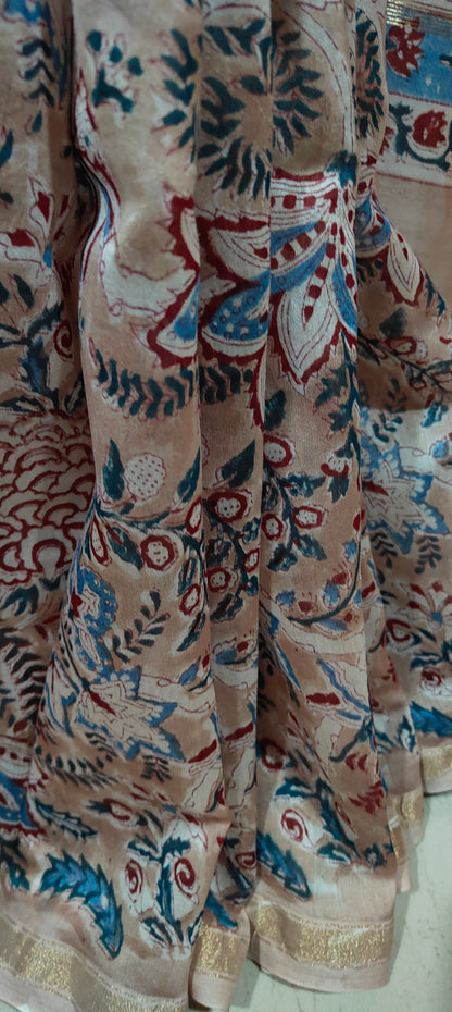 Pinkish Beige Shaded Chanderi Silk Cotton Hand Block Printed  Saree