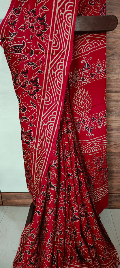 Red Modal Silk Hand Block Printed  Saree